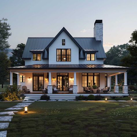 Modern Farmhouse Exterior Wrap Porch, Big Single Story House, Basic Home Exterior, Beautiful Country House, Modern Country Home Design, One And A Half Story House, Timeless House Design Exterior, Pretty Houses Modern, Cabin Farmhouse Exterior