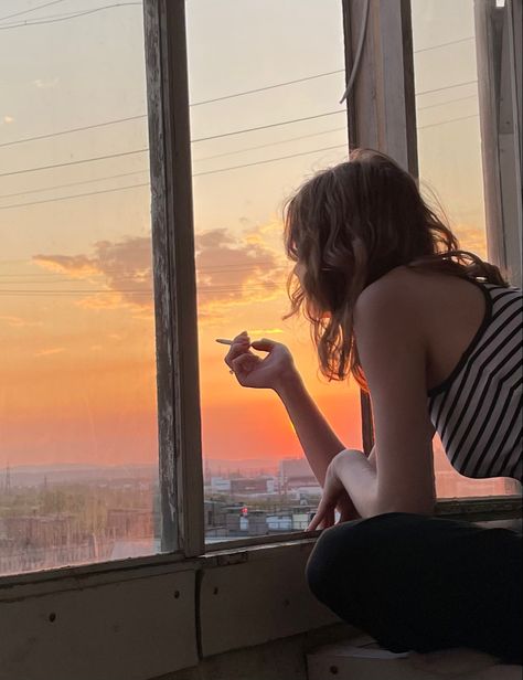 Leaning Over Balcony Pose, Staring Out The Window Aesthetic, Sitting On Roof Aesthetic, Sitting By Window, Balcony Painting, Sitting Outside, Balcony Grill, Just You And Me, Looking Out The Window