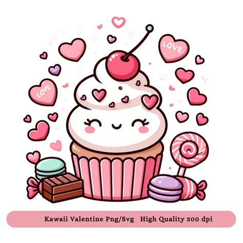 Kawaii Valentines Day, Cupcake Wallpaper, Kawaii Parfait, Cupcake Png, Cupcakes Wallpaper, Decoration Creche, Cupcake Shirt, Kawaii Valentine, Cake Drawing