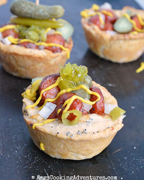 Chicago-Style Hot Dog Cups are the perfect addition to your tailgate party! #TailgateParty Chicago Style Hot Dog Appetizer, Chicago Themed Party Food, Chicago Themed Party, Hot Dog Appetizers, Chicago Style Hot Dog, Chicago Dog, Sweet Pickles, Pickle Relish, Chicago Style