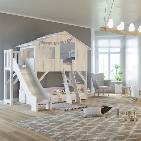 Tree House Bunk Bed, House Bunk Bed, Bunk Bed With Slide, Kura Bed, Bunk Beds With Stairs, Bunk Bed Designs, Cabin Bed, Space Bedding, Dekorasi Kamar Tidur