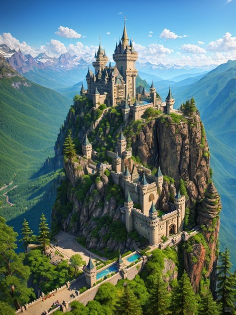 Medieval Fantasy Building Concept Art, Fantasy Chateau, Castle On Island, Medieval Castle Layout, Castle Concept Art, Fantasy Fortress, Mountain Castle, Fantasy Castles, Fantasy Buildings