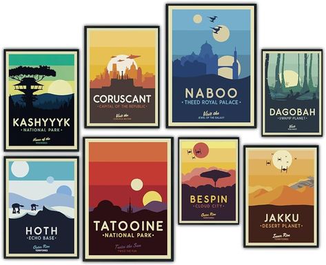 Amazon.com: Cheugy Galaxy Travel Planet Posters Set, 8Pcs Eclectic Travel Poster for Bedroom Decor, Unframed: Posters & Prints Star Wars Space Bedroom, Star Wars Wall Display, Star Wars Planet Posters, Cool Star Wars Posters, Star Wars Themed Apartment, Minimalist Star Wars Decor, Nerdy Chic Home Decor, Star Wars Kitchen Theme, Starwars Bookshelf