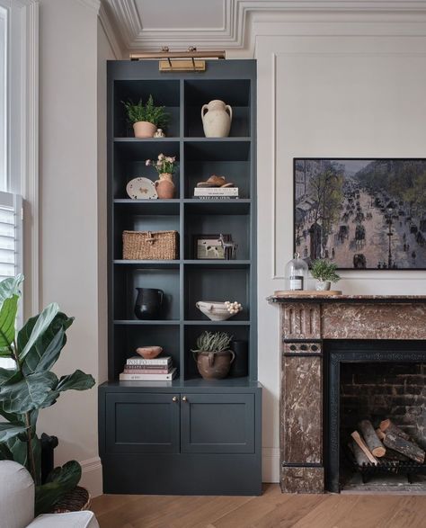 Navy Bookcase, Millie Turner, Black Bookshelves, Dark Blue Living Room, Built In Shelves Living Room, Dark Living Rooms, Beige Living Rooms, Living Room Shelves, Room Shelves