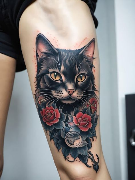 Cat Tattoo Portrait Realistic, Long Haired Cat Tattoo, Tuxedo Cat Tattoo, Realistic Cat Tattoo, A Cat Tattoo, Pet Portrait Tattoo, Cat Portrait Tattoos, Cat Tattoo Design, Tattoos 2024