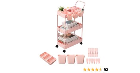 danpinera Slim Storage Cart, 3 Tier Narrow Rolling Cart on Wheels Bathroom Organizer Cart with Dividers Handle Hanging Cups Hooks for Laundry Room Kitchen Small Spaces, Pink Pink Painted Furniture, Slim Storage Cart, Hanging Cups, Space Saving Shelves, Slim Storage, Cart On Wheels, Kitchen Furniture Storage, Organization Cart, Snack Organizer