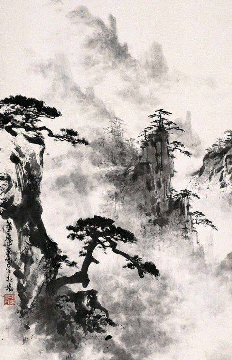 Japanese Ink Painting Landscape, Ink Painting Ideas, Chinese Dynasty, Sakura Blossoms, Chinese Drawings, Chinese Landscape Painting, Chinese Art Painting, Japanese Drawings, Japanese Art Prints