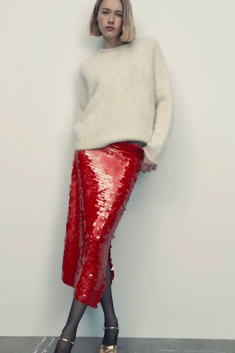 The SL Team’s Fashion Picks Under £75 | SheerLuxe Red Sequin Skirt Outfit, Red Sequin Skirt, Sequin Skirt Outfit, Dress With Shirt, Euro Chic, Knit Sweater Coat, Jewel Dress, Skirts Midi High Waisted, Yellow Knit