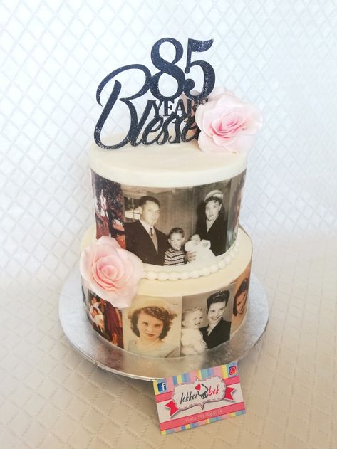 85th birthday cake with edible pictures, fondant roses and custom lasercut topper 80th Birthday Cake For Grandma, 70th Birthday Cake Ideas, Grandpa Birthday Cake, 85th Birthday Party Ideas, 75 Birthday Cake, 70th Birthday Cake, 80 Birthday Cake, Dad Birthday Cakes, 85th Birthday