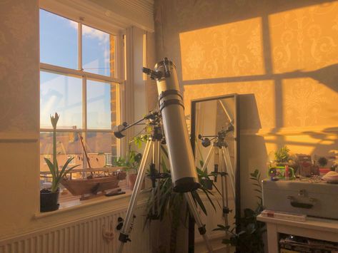 telescope in room with plants, bedroom danish, pastel, sunset Aesthetic Telescope, Observatory Aesthetic, Aesthetic Blue, Aesthetic Room, I Hope, Bedroom, Blue