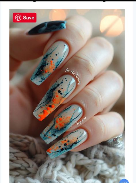 Teal And Orange Nails, Serenity Nails, Beautiful Summer Nails, Turquoise Nail Designs, Funny Nails, Carnival Nails, Almond Acrylic Nails Designs, Artistic Nails, Trendy Nail Designs