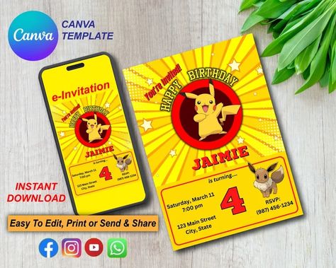 Pokémon Invitation Kids Online Invitation Card editable Instant Download kids Pool Party Canva Template FREE Party Planner Checklist - Etsy Party Planner Checklist, Pokemon Invitations, Online Invitation Card, Party Planning Checklist, Pool Party Kids, Kid Pool, Pokemon Birthday, Online Invitations, Party Planner