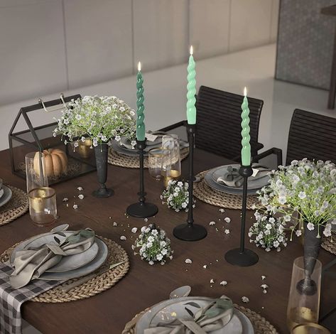 Beautiful tablescape wtih bendy candles, and you can still see you guests. This is an affiliate link. Black Candlestick Holders, Dripless Taper Candles, Bendy Candles, Stick Candles, Farmhouse Candle Holders, Dripless Candles, Twisted Candles, Black Taper Candles, Elegant Candle Holders