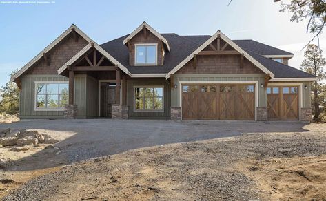 Gray Exterior Paint, Walnut Wood Stain, Front Of Home, Exterior House Siding, Rustic House Plans, Front Elevation Designs, Mountain House Plans, House Plans And More, Shop House Plans