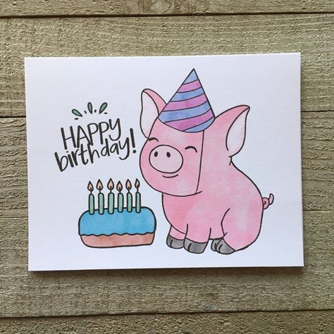 Cute Birthday Drawings, Hand Drawn Birthday Cards, Pig Birthday Card, Birthday Card Watercolor, Happy Birthday Drawings, Birthday Drawing, Happy Birthday Cards Handmade, Happy Birthday Cards Diy, Watercolor Birthday Cards