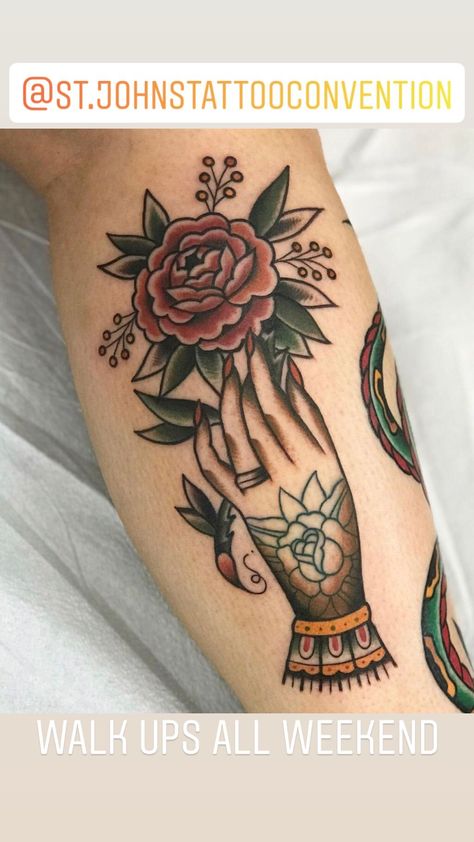 Traditional Hand With Flowers Tattoo, Traditional Tattoos Of Hands, Tattoo Of Hand Holding Flowers, American Traditional Tattoos Hands, American Traditional Hand Holding Flower, Lady Hand Tattoo, Hand Holding Flower Tattoo, Hand And Flower, Soul Drawing