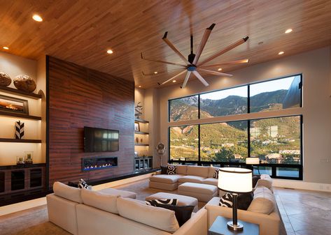 Downlights in a wood ceiling with a large ceiling fan Big Ceiling Fan, Vero Beach Restaurants, Rock Shelf, Seating Layout, Living Room Fans, Living Area Ideas, Living Room Ceiling Fan, Contemporary Staircase, Large Ceiling Fans