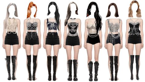 Kpop Stage Outfits 7 Member, Kpop 7 Members Outfit, Dance Performance Outfits, Kpop Dress, Female Inspiration, Bts Inspired Outfits, Preformance Outfits, Dark Outfits, Outfit Maker