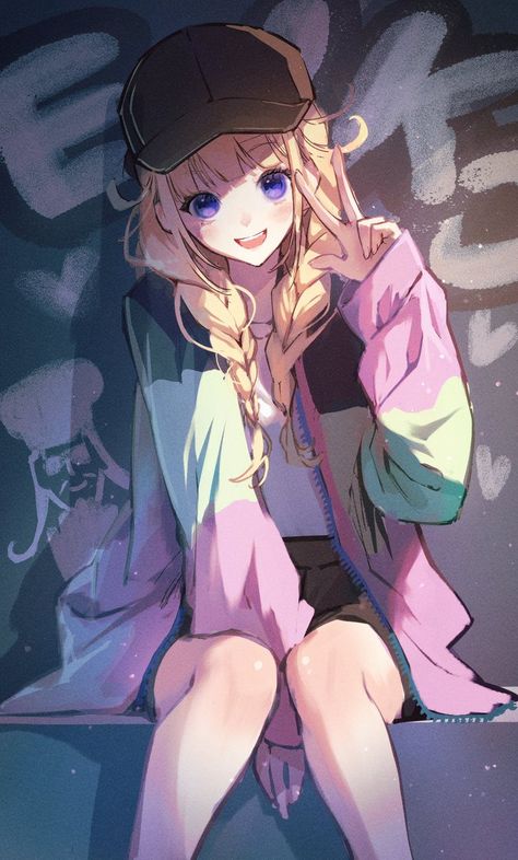 Twin Braids Drawing, Baseball Jacket Girl, Anime Braids, Blonde Anime, How To Draw Braids, Twin Braids, Braided Bangs, Blonde Hair Girl, Girl Drawings