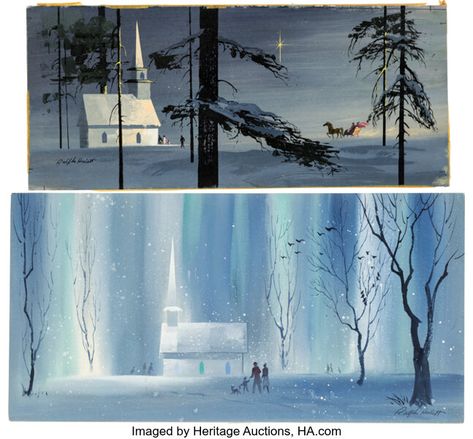 "Church in the Wildwood" Pair of Original Christmas Card Illustrations Signed by Ralph Hulett - Acrylic on 13" x 6" and 14" x ... (Total: 2 Items) Ralph Hulett Christmas, Ralph Hulett, Christmas Card Illustration, Card Illustration, Animation Art, Christmas Card, Christmas Cards, Illustrations, The Originals