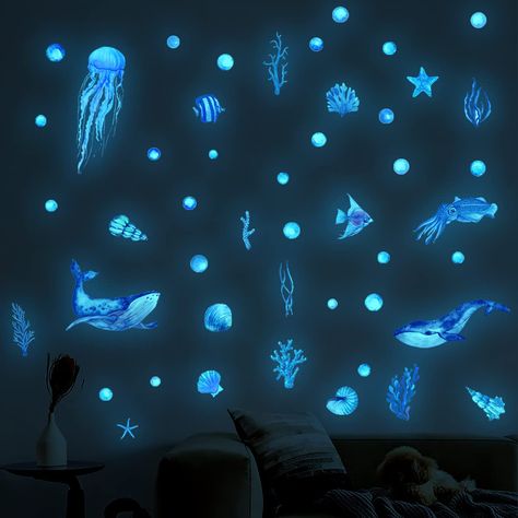 PRICES MAY VARY. Unique and One of a kind Home Wall Sticker Design ,2 Sheet Size: 7.9 in* 11.8 in .Picture for reference only These light-up blue sea life world Animals wall decals are made of high quality pvc material, green and luminous; they are waterproof, wear-resistant, colorfast, non-breakable, wrinkle-resistant, practical and easy to tear, so you can use them with confidence. These sea world wall sticker sets are easy to apply to change the feel of your room; blue stickers show off a gor Translucent Stickers, Purple Octopus, Ocean Themed Bedroom, Bawah Air, Wall Sticker Design, Diy Wall Stickers, Wall Stickers 3d, Dark Wall, Cool Wall Art