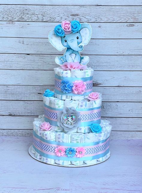 Elephant Gender Reveal, Cake Elephant, Elephant Diaper Cake, Elephant Baby Shower Decorations, Baby Shower Diaper Cake, Baby Shower Decoration, Elephant Baby Showers, Baby Shower Diapers, Diaper Cakes