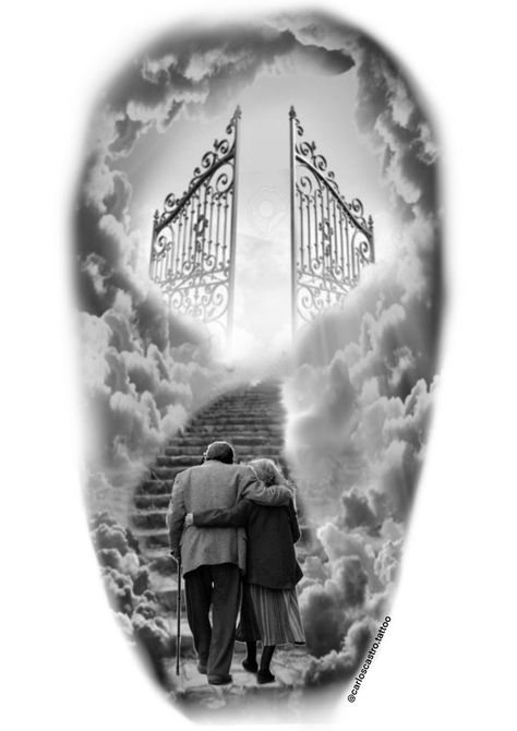 Tattoo Stairs, Heavens Gates Tattoo Design, Memorial Tattoo Sleeves, Stairs To Heaven Tattoo, Gates Of Heaven Tattoo, Stairway To Heaven Tattoo, Heaven Tattoo, Memorial Tattoo Designs, Grandma Tattoos