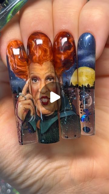 Madison McCollough on Instagram: "𝑯𝒐𝒄𝒖𝒔 𝑷𝒐𝒄𝒖𝒔 nail art ($600) 💅🖤🌙 Using the new @balpit_shop Character Creator collection to paint this portrait of Winifred Sanderson—JUST DROPPED! 🎨 How much would you pay for these? 💰  ⬇️ Products used ⬇️  🛍️ www.theballpitshop.com 🛍️  BRUSHES: Character Essentials brush bundle 👇 -Paint Bucket filler brush -Fun Size 4mm liner brush -Blend n’ Erase precision cleanup / blender brush ———————————— Twice As Nice 6mm dual sided liner / cleanup brush Double Trouble 12mm dual sided liner / cleanup brush  GELS: Base shade: Glazed Donut 🍩  ✍️ Sketching Gel  🍮 Caramel Drizzle 🎂 Cheesecake 🌰 Hot Hazelnut ☕️ Espresso 🤎 Ruby Cocoa 🤍 Marshmallow 🍋 Spiked Lemonade  🎃 Pumpkin Juice 🧟 Creature Feature 👀 MORE Unreleased Ballpit shades 👀 The Whit Hocus Pocus Pumpkin Painting, Hocus Pocus Nail Art, Hocus Pocus Nails, Hocus Pocus Pumpkin, Cocoa Marshmallow, Spiked Lemonade, Winifred Sanderson, Bucket Filler, Pumpkin Juice