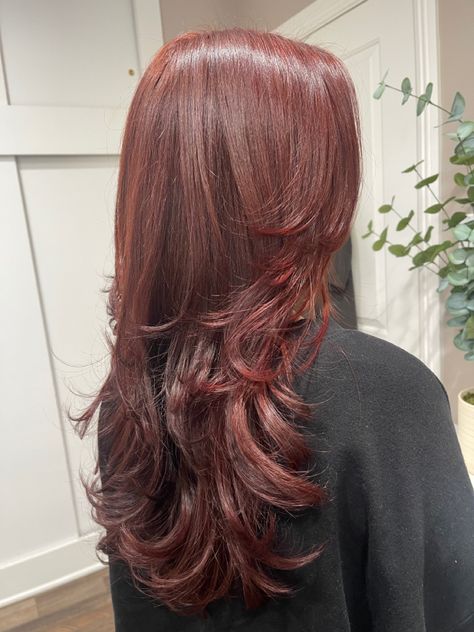 Red Hair Brown Highlights, Cherry Red Hair Dye, Red Hair Without Bleach, Red Hair No Bleach, Red Hair Layers, Maroon Hair Color, Cherry Brown Hair, Pelo Color Vino, Maroon Hair