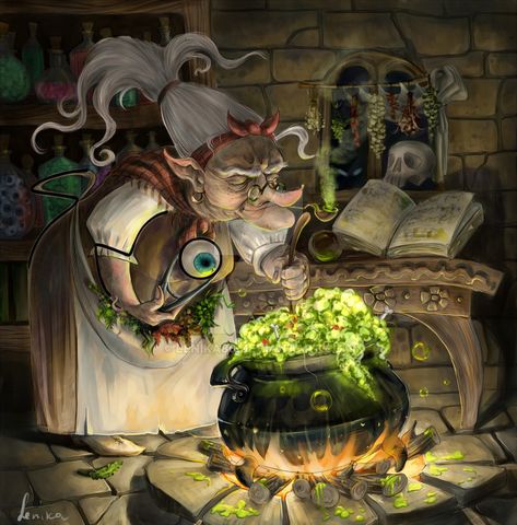 Swamp witch brews a potion by Lenika86 Witch Brewing, Making Potions, Witches Cottage, Witch Characters, Arte Steampunk, Anime Witch, Creepy Pictures, Halloween Painting, Halloween Cartoons