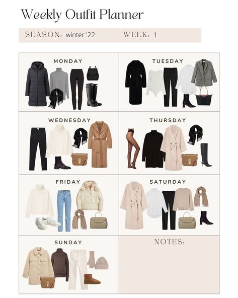 Weekly Outfit Planner, Closet Journal, Beige Outfits, Outfit Planning, Capsule Wardrobe Women, Outfit Planner, Fashion Capsule Wardrobe, Outfit Plan, Capsule Outfits