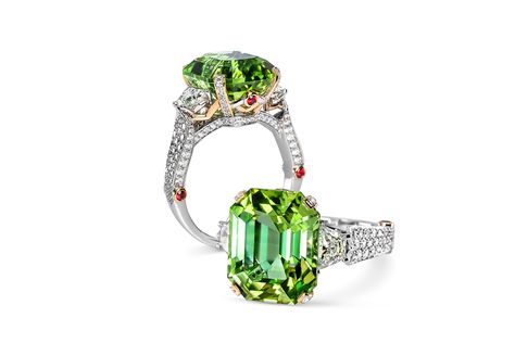 Madly ring set with an almost 10 carat neon mint tourmaline with red spinel accents Green Tourmaline Jewelry, Green Tourmaline Ring, High Jewelry Ring, Classy Design, Sweet Lady, Tourmaline Jewelry, Buying Diamonds, Tourmaline Ring, Green Tourmaline