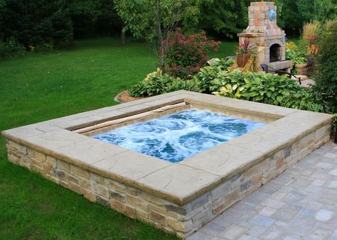 Inground Jacuzzi, Inground Spa, Custom Hot Tubs, Hot Tub Landscaping, Hot Tub Designs, Hot Tub Patio, Fiberglass Swimming Pools, Vinyl Pool, Outdoor Fireplace Patio