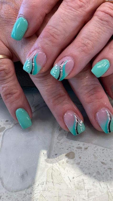 Turquoise Birthday Nails, Teal Nail Designs Turquoise, Turquoise French Tip Nails, Teal French Tip Nails, Random Nails, Turquoise Nail Designs, Summer Nail Art Ideas, Teal Nail Designs, French Manicure Nail Designs