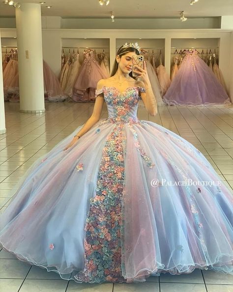 Aurora Quinceanera Dresses, Pastel Color Quince Dresses, Multicolored Quinceanera Dresses, Fantasy Quinceanera Theme, Quinceanera Dresses Pastel, Multi Colored Quinceanera Dresses, Pink And Blue Quinceanera Dresses, Blue And Pink Quince Dress, Flower Quinceanera Dresses