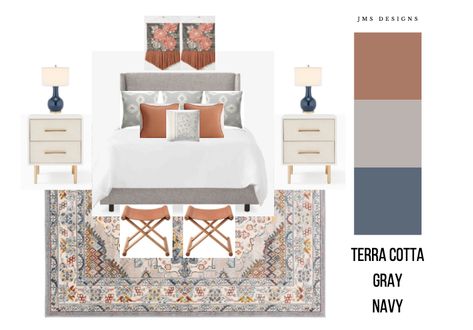 Bedroom Colors Terra Cotta, Gray and Navy. A blue and rust color combination. Blue Gray Rust Bedroom, Terra Cotta And Gray Bedroom, Grey Cream And Terracotta Bedroom, Gray Rust Navy Color Scheme, Terra Cotta And Navy Bedroom, Terra Cotta Master Bed, Terra Cotta And Navy Decor, Navy And Rust Bedding, Rust Gray Bedroom