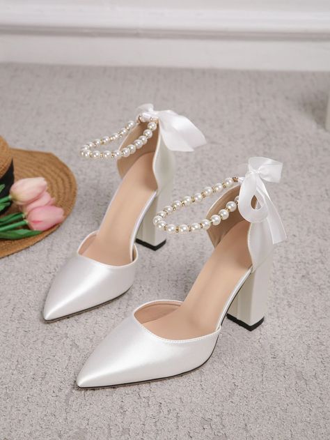 Closed Toe Wedding Shoes, Elegant Shoes Heels, White Heels Wedding, Kasut Wanita, Bride Heels, Hak Tinggi, Pearl Wedding Shoes, Pearl Shoes, Fashion Shoes Heels