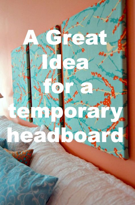 Here's a quick and easy temporary or alternative headboard idea using canvases and fabric Unique Headboards Diy, Temporary Headboard, Diy Headboard Alternative, Alternative Headboard, Bedroom Art Above Bed, Wallpapered Entryway, Headboard Alternative, Unique Headboards, Headboard Ideas