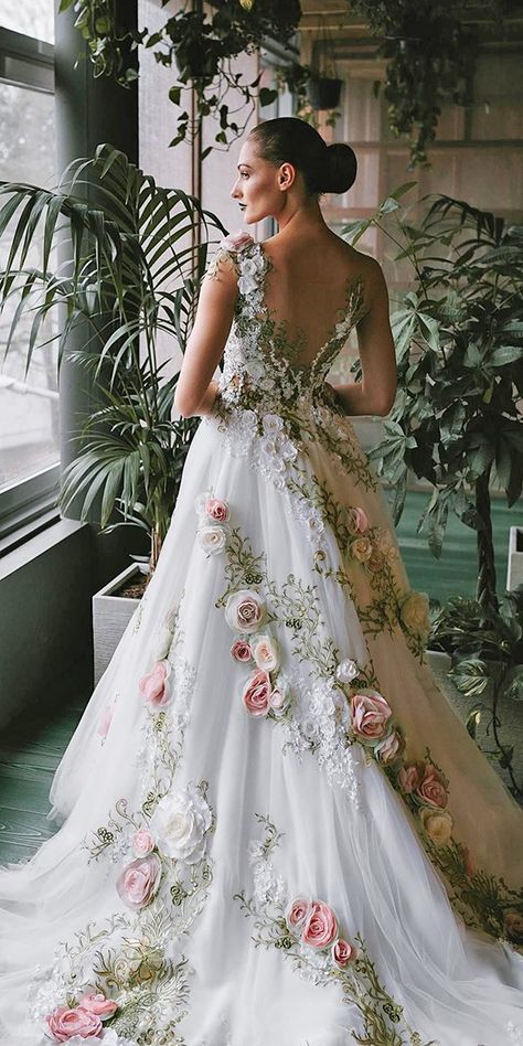 36 Ultra-Pretty Floral Wedding Dresses For Brides | Wedding Forward Wedding Dress With Flowers, Floral Wedding Dresses, Silver Cocktail Dress, Dress With Flowers, Haine Diy, Fairy Tale Wedding Dress, Designing Ideas, Wedding Dresses With Flowers, Floral Wedding Dress