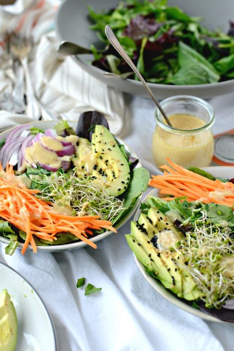 Avocado + Raw Sweet Potato Salad with Miso Dressing - Simply Scratch Salad With Miso Dressing, Red Potato Salad Recipe, Sweet Potato Salad Recipe, Cauliflower Potatoes Salad, Raw Sweet Potato, Sweet Potato Salad, Radicchio Salad, Honey Mustard Vinaigrette, Creamy Potato Salad