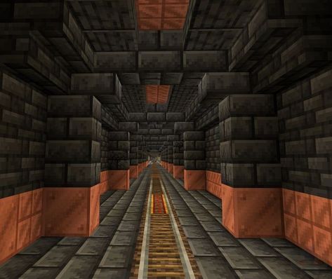 Underground Railroad Minecraft, Minecraft Nether Railway Ideas, Tunnel Minecraft Ideas, Tunnel Design Minecraft, Minecraft Train Tunnel, Minecraft Deepslate Base Ideas, Minecraft Nether Tunnel Designs, Nether Tunnel Minecraft, Minecraft Tunnel Ideas