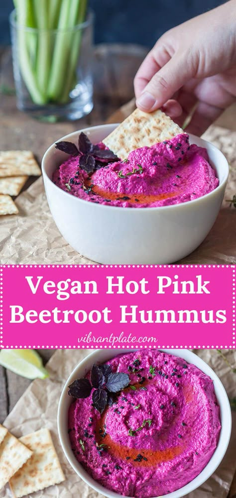 Beetroot Hummus Recipe, Beetroot Hummus, Vegan Dips, Pink Food, Hummus Recipe, Vegan Appetizers, Pink Party, Vegan Meals, Vegan Snacks