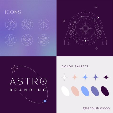 Psychic Color Palette, Horoscope Color Palette, Color Palette Astrology, Branding Purple Color Palette, Esoteric Color Palette, Constellation Color Palette, Star Packaging Design, Galaxy Website Design, Color Palette Mystical