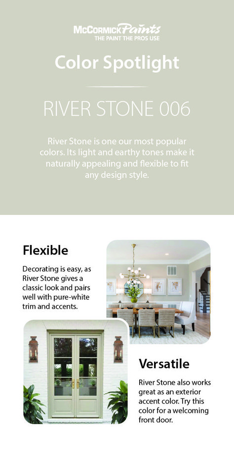 Introducing River Stone 006, a top color at McCormick Paints and featured part of our Confident Whites Color Collection. River Stone's light and earthy tones help make it a naturally appealing color that works well in almost any interior setting. It's easy to work with and can even be used for exterior accents, such as your front door. Sherwin Williams Paint Neutral, Color Spotlight, Most Popular Paint Colors, Popular Paint Colors, Neutral Paint Colors, Sherwin Williams Paint Colors, River Stones, Apartment Decorating, White Backdrop