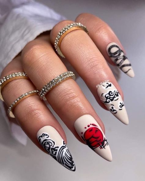 Japanese Art Nails, Nails Japanese Design, Japanese Nails Designs, Japan Inspired Nails, Japan Nails Design, Japanese Inspired Nails, Nails Hacks, Detailed Nails, Japan Nails