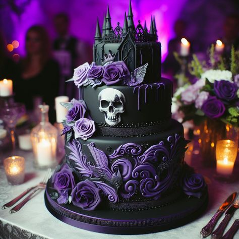 Black And Purple Wedding Cake, Purple Goth Wedding, Gothic Baking, Black And Purple Wedding Theme, Black Wedding Cake Ideas, Goth Wedding Cake, Purple Floral Cake, Goth Cake, Gothic Cakes