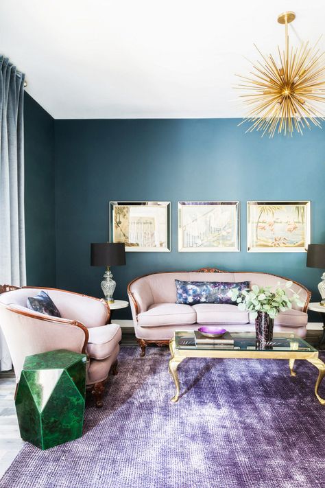 A Color-Rich Home That Will Brighten Your Day | MyDomaine Teal Walls Living Room, Bedroom Rules, Jewel Tone Living Room, Teal Paint Colors, Gold Living Room Decor, Gold Living, Carpet Bedroom, Gold Living Room, Teal Walls