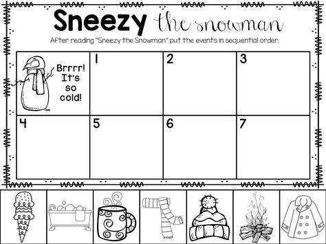 Sneezy the Snowman printable freebie! Sequencing Books For Preschool, Sneezy The Snowman Activities Free, Sneezy The Snowman Craft, Sneezy The Snowman Activities, Kindergarten January, Snowman Activities, Sneezy The Snowman, Snowman Printable, January Kindergarten