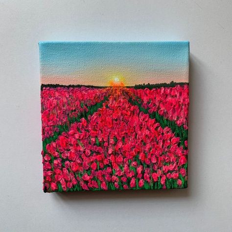 Easy Painting Small Canvas, Set Of 4 Canvas Painting Ideas, Happy Painting Ideas, Small Easy Paintings, Tulip Field Painting, Small Canvas Painting, Tulip Painting, Small Canvas Paintings, Simple Canvas Paintings