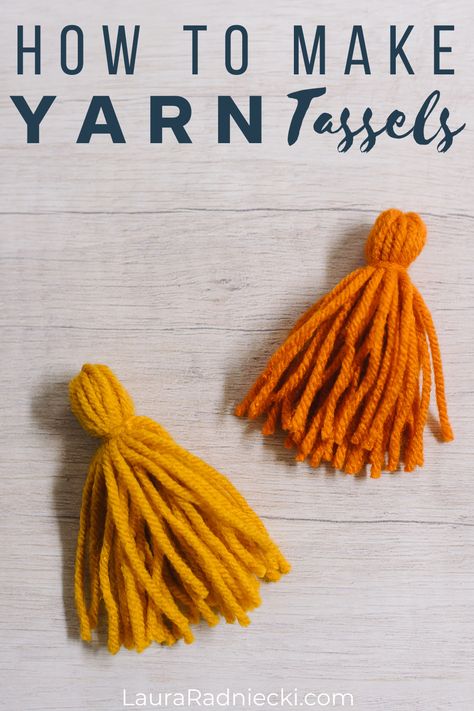 Learn how to make yarn tassels in this DIY tassel tutorial, showing two methods - one by hand and one using cardboard for making tassels. How To Make Large Tassels, Making Tassel Garland, Diy Yarn Tassels How To Make, Making Yarn Tassels, Diy Tassels For Pillows, How To Make A Small Tassel, How To Make Boho Tassles, How To Make Fringe With Yarn, How To Make Small Tassels